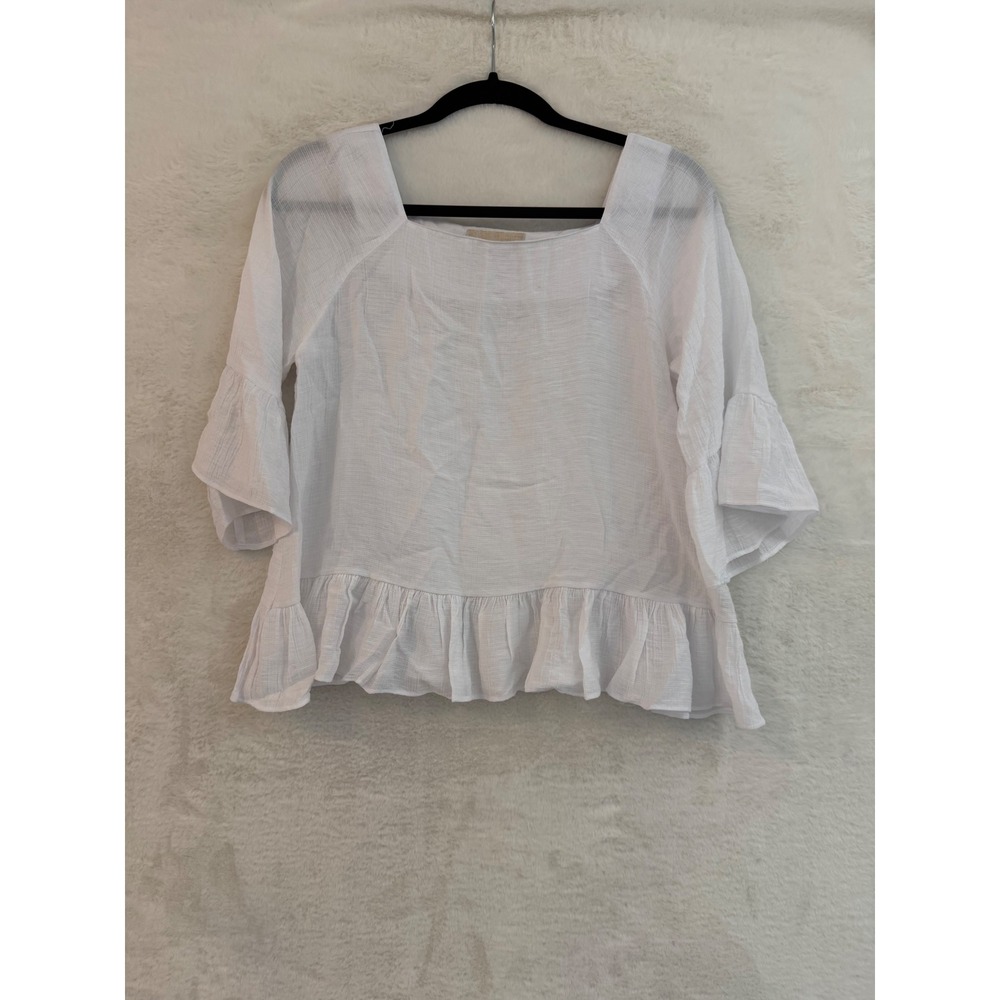 Moon River White Square Neck Ruffle Peplum Blouse Tiered Bell Sleeve Top KR1644